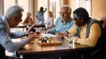 Ältere Männer beim Schachspiel im Gemeinschaftsbereich. 