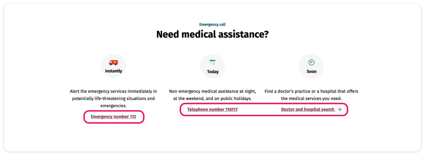 Screenshot of the Emergency call area Need medical assistance? The phone numbers 112 and 116117 and the doctor search and hospital search functions have a red frame.